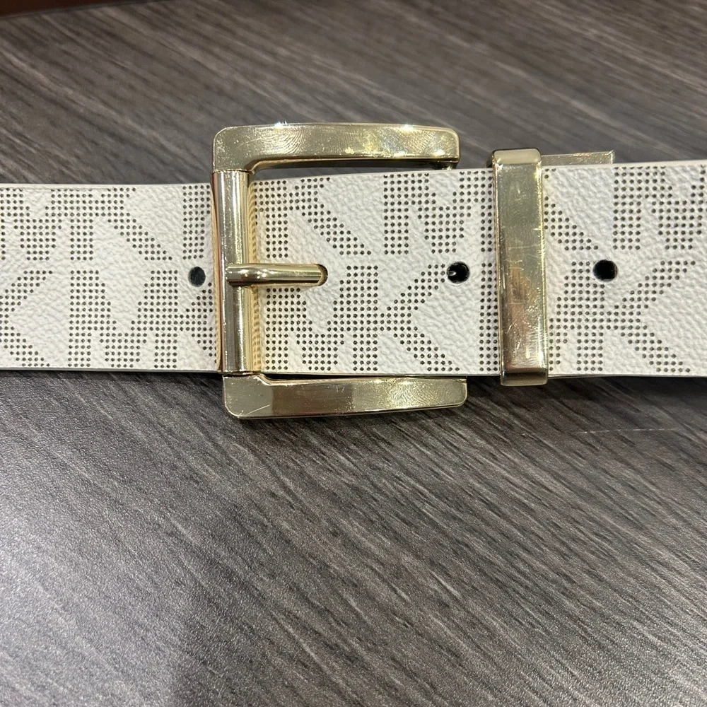 Michael Kors White and Brown Monogram Leather Gold Buckle Belt